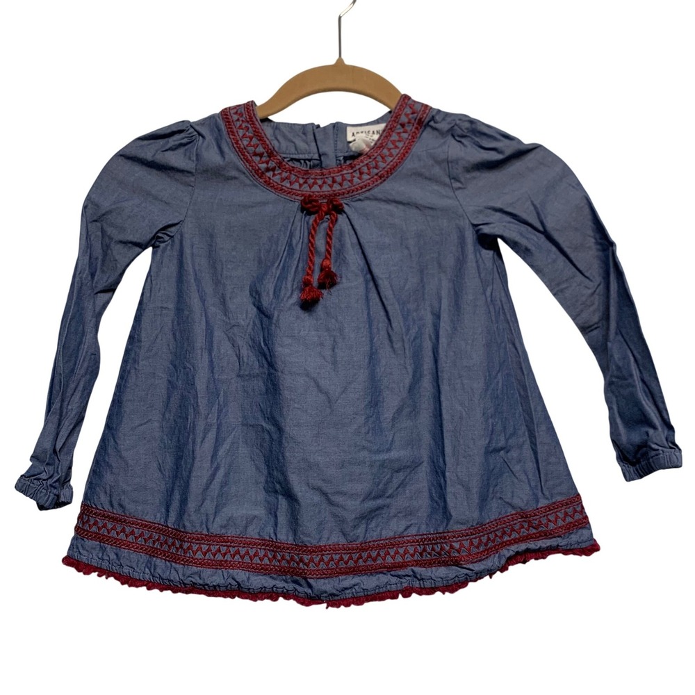 Artisan NY Chambray Embroidered Boho Top 4T Blue Red Tassels Peasant Folk Fall